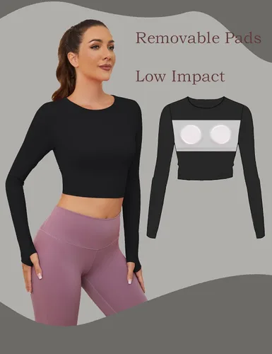 Vista 3 de Loovoo Camiseta corta de manga larga para mujer, sexy, con espalda abierta, cuello redondo, ajustada, camisa de yoga con agujero para el pulgar