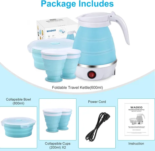 Vista 7 de Hervidor Eléctrico Portátil de Tamaño de Viaje, 600ML Pequeño Plegable para Té y Café con Tazón y Tazas Colapsables, 5 Minutos de Agua en Ebullición