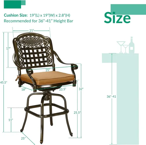 Vista 3 de VIVIJASON Taburetes de bar giratorios para exteriores, sillas de bar de aluminio fundido para todo tipo de clima, con cojín de asiento, muebles