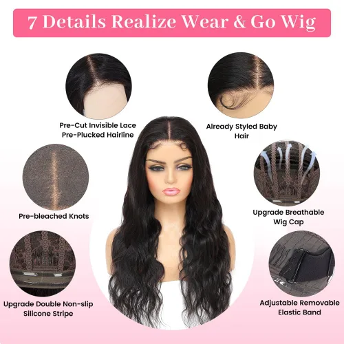 Vista 4 de Junoda Pelucas de cabello humano sin pegamento, precortadas 4x4 HD, encaje frontal, pelucas preblanqueadas con nudos pequeños, onduladas