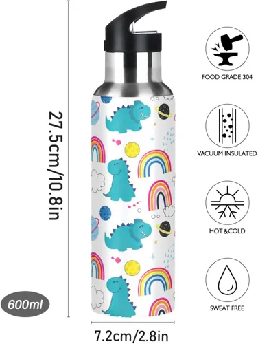 Vista 9 de Stainless Steel Vacuum Insulated Water Bottle 32 Oz, BPA-Free Sports Water Bottle with Straw for Gym Outdoor Travel School, Cute Dinosaurs Rainbows