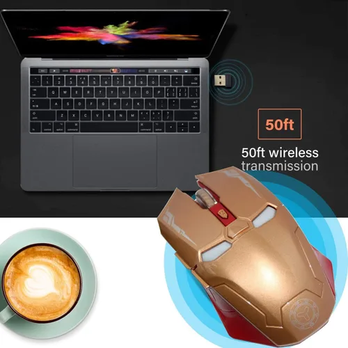 Vista 5 de Ratón inalámbrico 2.4G portátil óptico Iron Man Mouse con nano receptor USB, 3 niveles de DPI ajustables, 6 botones para laptop, computadora