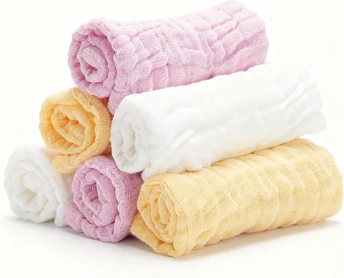 Vista 11 de Toallitas de muselina orgánicas para bebé, paquete de 6, toalla de baño y cara de 12x12 pulgadas, extra absorbente y suave, para bebés recién Azul