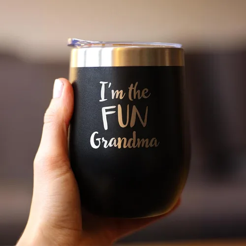 Vista 4 de Custom Fun Grandma Insulated Wine Tumbler Camping Gift - 12 oz Bevvee Custom personalized outdoor Camping Gifts. 18/8 stainless steel keeps drinks