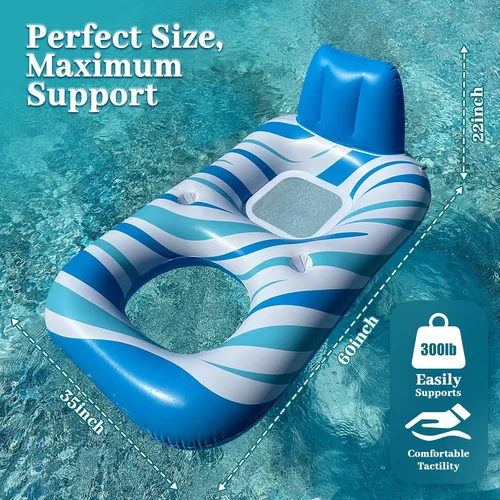 Vista 4 de Pool Float for Adults – Extra Large Inflatable Tanning Pool Float with Backrest, Footrest & 2 Cup Holders, Heavy Duty Float Lounger for Pool, Lake