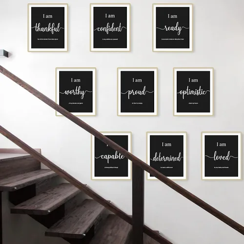 Vista 5 de Outus 9 Piezas Arte de Pared Inspirador Motivacional para Oficina y Dormitorio, Afirmaciones Diarias Positivas para Hombres, Mujeres y Niños, Negro
