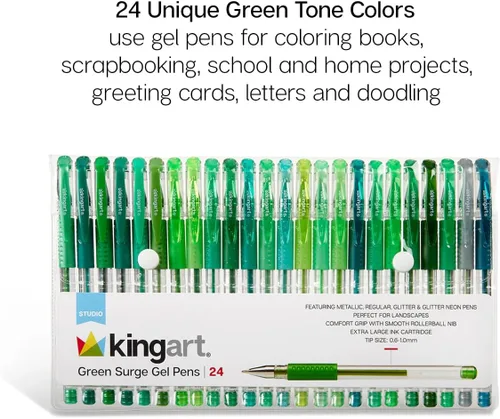 Vista 5 de KINGART Studio - Juego de 24 bolígrafos de gel de tono verde – Agarre suave y cómodo – Punta redonda suave para detalles precisos – 24 tonos verdes