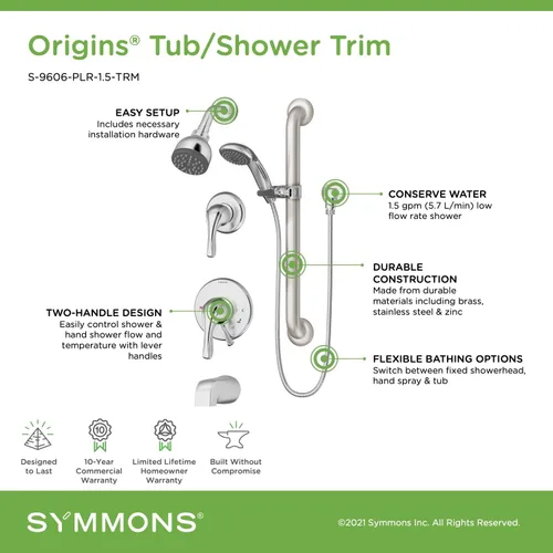 Vista 3 de Symmons S-9606-PLR-1.5-TRM Origins - Bañera de 2 manijas y 1 regadera con 1 rociador de ducha de mano en cromo pulido (válvulas no incluidas)