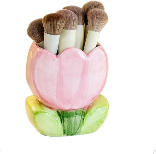 Vista 2 de TANG SONG Soporte para brochas de maquillaje de tulipanes de cerámica, caja de almacenamiento de cosméticos de flores, soporte para bolígrafos y Rosa