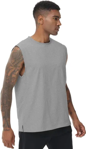 Vista 2 de XYKJFIT Paquete de 2 camisetas sin mangas para hombre, camisetas sin mangas para entrenamiento, gimnasio, cuello redondo, color liso