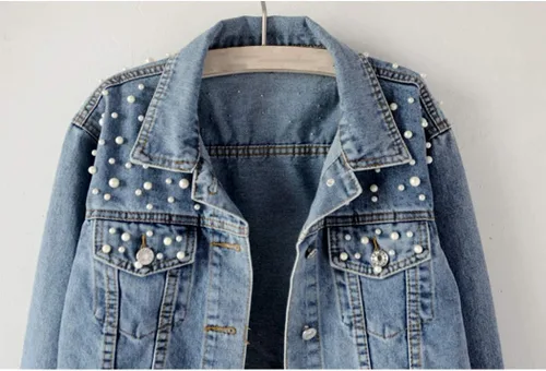 Vista 3 de Hixiaohe Chaqueta de mezclilla recortada con perlas bordadas sueltas para mujer