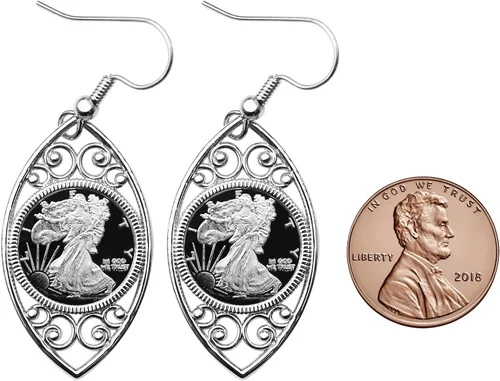Vista 3 de Walking Liberty 1 Gram .999 Fine Silver Coin 925 Sterling Silver Evil Eye Design Earrings