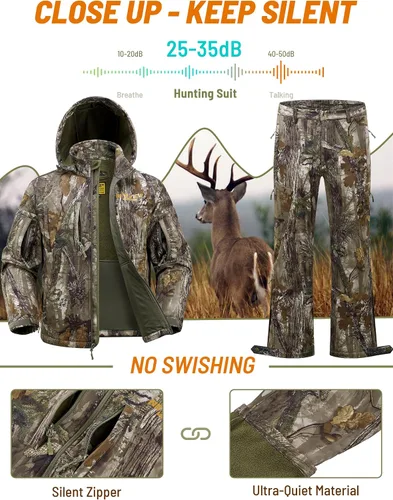 Vista 4 de NEW VIEW Ropa de caza de camuflaje para hombres, forro polar cálido y silencioso, chaqueta y pantalones de caza de ciervos para clima frío