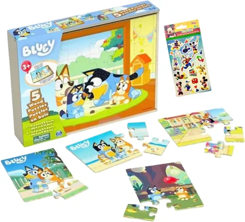 Vista 3 de Bluey 5 rompecabezas de madera con caja de almacenamiento, 72 calcomanías exclusivas de La casa de Mickey Mouse y paquete de más de 300 calcomanías