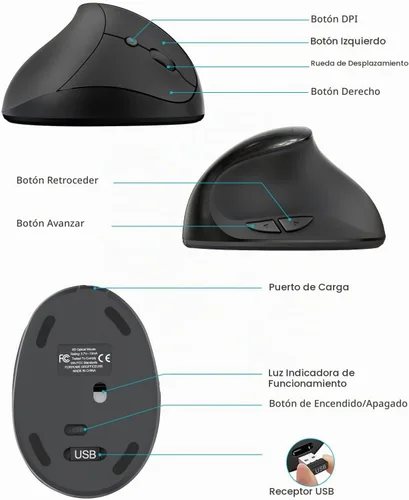 Vista 8 de Lekvey Ratón ergonómico, mouse inalámbrico vertical para manos pequeñas/medianas, recargable con receptor USB, 3 DPI para mayor comodidad, alivia