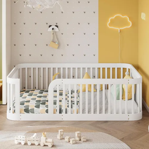 Vista 11 de Cama Montessori de madera tamaño matrimonial con valla de alta Blanco (White F)