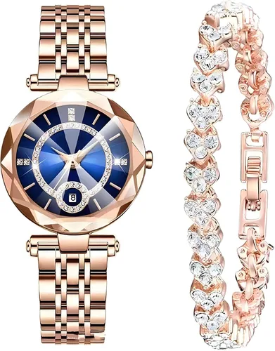 Vista 10 de Relojes de mujer con pulsera oro rosa para dama elegante correa de acero inoxidable moda analógico creativo diamante dial reloj de pulsera