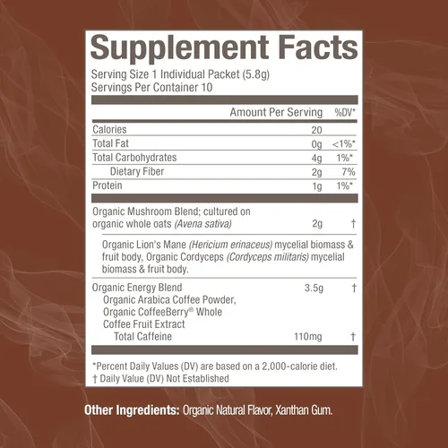 Vista 6 de Om Mushroom Superfood Mezcla de café en polvo de hongos, porción única, 10 unidades, granos arábica orgánicos, melena de león, cordyceps, cola