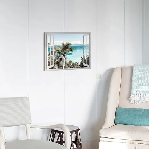Vista 3 de Sea Whisper Lienzo decorativo para la pared de la ventana de la playa: imagen costera del océano, impresión de palmeras tropicales sobre pintura
