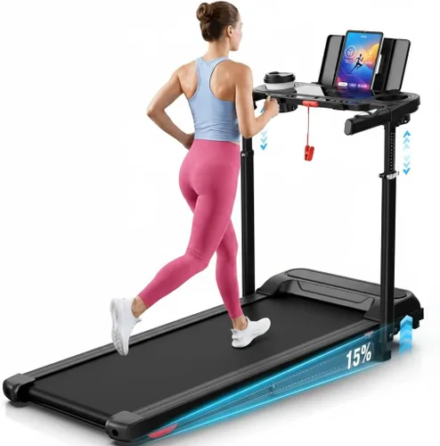 Vista 15 de Treadmill with Desk Workstation & Adjustable Height, 450 lbs Weight Capacity, Folding Incline Treadmill with Handle Bar, Portable Ultra-Quiet 3.5HP
