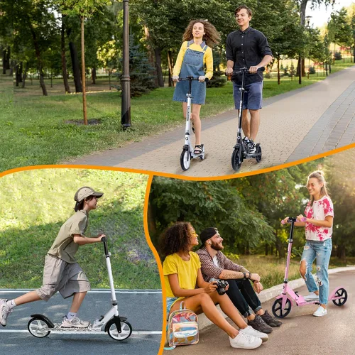 Vista 7 de Patinete para niños a partir de 6 años, adolescentes y adultos, manubrio ajustable, freno trasero, rueda grande plegable para interiores y exteriores