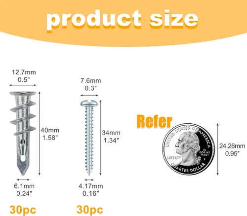 Vista 3 de Anclajes autoperforantes de zinc para paneles de yeso #8, kit de 60 anclajes y tornillos de pared de metal hueco, 30 anclajes resistentes + 30#8 x