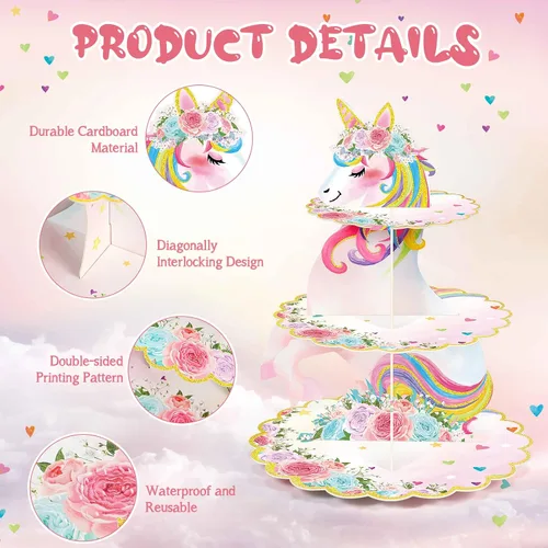 Vista 3 de Soporte para cupcakes de unicornio de 3 niveles, decoración de fiesta de arcoíris, unicornio, cumpleaños, soporte para cupcakes, torre de postre