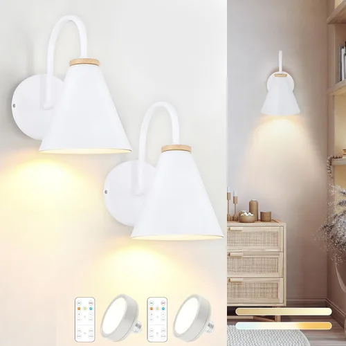 Vista 8 de Aplique de pared industrial de madera sintética negra, funciona con pilas, fácil de instalar, sin cables, bombilla LED regulable con control remoto