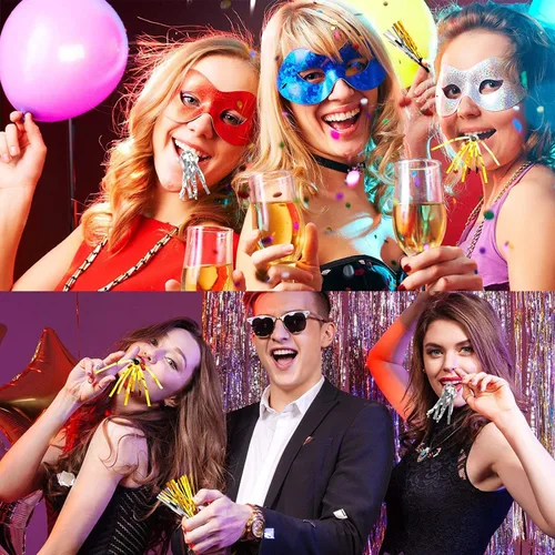 Vista 6 de 36 piezas de ruido dorado y plateado para adultos y niños, cuernos de fiesta y sopladores, chillones para cumpleaños, Navidad, eventos deportivos