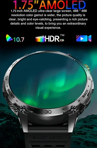 Vista 2 de Reloj inteligente militar, pantalla AMOLED ultra clara de 1.75 pulgadas, monitor de frecuencia cardíaca de oxígeno en sangre Spo2, batería de 730
