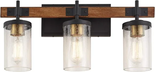 Vista 8 de Possini Euro Design Kata Farmhouse - Lámpara de pared rústica de madera sintética negra con cable de 22 pulgadas, 3 lámparas, cristal cilíndrico