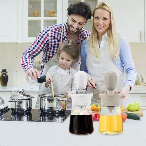 Vista 7 de Botella dispensadora de aceite con cepillo, almacenamiento y recipiente de vidrio de aceite de oliva 2 en 1 con cepillo de silicona para cocina