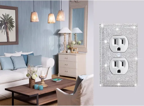 Vista 4 de 4 Piezas Cubiertas de Tomacorriente con Diamantes de Imitación Plateados Brillantes Placa de Pared 1 Gang Toggle Cubierta de Interruptor de Luz