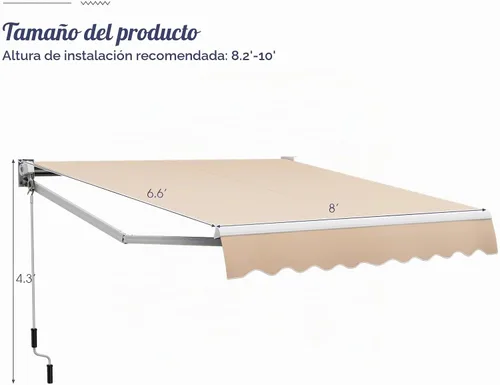 Vista 7 de Giantex Toldo retráctil para patio – Refugio solar de 8 x 6.6 pies con manivela manual fácil, estructura metálica de alta resistencia, toldo Beige