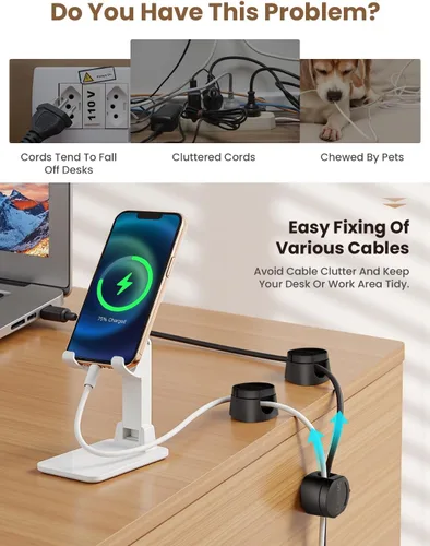 Vista 4 de Kanemc Clips de cable para escritorio, organizador magnético de alambre giratorio de 360°, gestión de cables autoadhesivos para escritorios