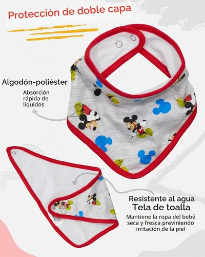 Vista 2 de Disney Mickey Mouse - Babero bandana para bebé, paquete de 3 baberos de Mickey Mouse (azul/rojo/gris, 0-12 meses)