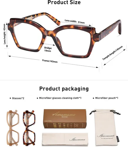Vista 6 de AMOMOMA Paquete de 2 lentes de lectura modernos con diseño de ojo de gato para mujeres y hombres, elegantes lentes cuadrados con bloqueo de luz azul