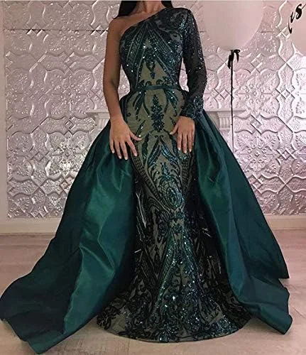 Vista 3 de Kumeng VerdeBorgoñaAzul Marino Lentejuelas Satén Sirena Prom Vestido de Fiesta de Noche Vestido de Celebridad Desmontable Tren