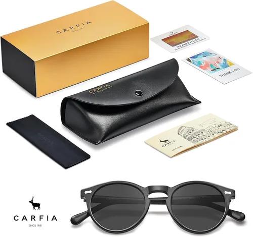 Vista 75 de CARFIA Gafas de sol polarizadas de acetato redondo para mujer, protección UV de cara pequeña con funda de cuero CA5288