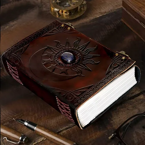 Vista 8 de Diario de cuero C Leather con relieve de sol y luna y hermosa piedra azul, cuaderno, planificador, organizador, libro de bocetos, libro en blanco