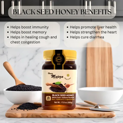 Vista 3 de Mujezat Al-Shifa - Paquete de 3 Miel de Semilla Negra - No Mezclada con Aceite o Polvo - Sin Gluten - Sin OGM - Miel Orgánica - Potenciador Inmune