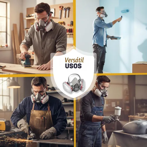 Vista 6 de Máscara respiradora para pintura en aerosol, carpintería, soldadura, polvo y seguridad general con gafas transparentes, 10 filtros de repuesto