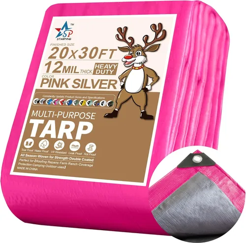 Vista 28 de STARPYNG-12 Mil Pink/Silver 5x20 Feet Tarp-Heavy Duty Poly Tarp-Cover,Waterproof, UV Resistant, Weather Resistant, Cover Cars, Boats