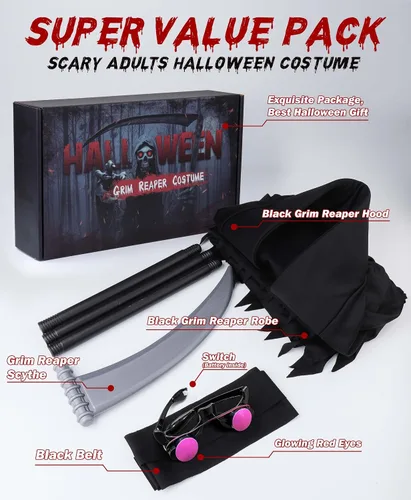 Vista 2 de Disfraz de parca de 4 tamaños para niños y adultos con ojos rojos brillantes y cosplay de guadaña disfraz de Halloween aterrador de la muerte
