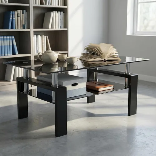 Vista 7 de Mesa de centro de vidrio rectangular Meihua de 2 niveles, mesa de té moderna, mesa auxiliar de café para sala de estar (todo negro)
