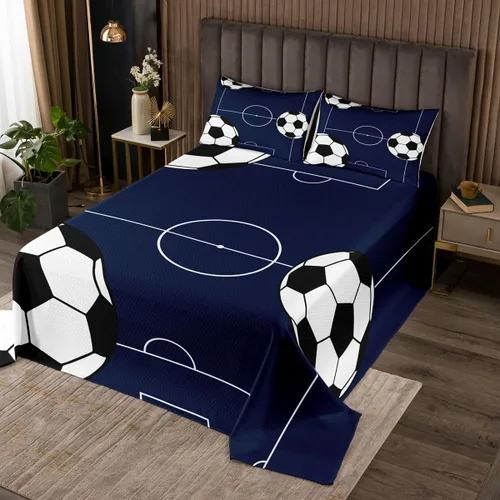Vista 2 de Castle Fairy Football Bedspread Twin Size Bedding for Kids Teens Bedroom Kids Soccer Sports Theme Decor Coverlet Set Dark Blue Ball Gaming Quilt Set