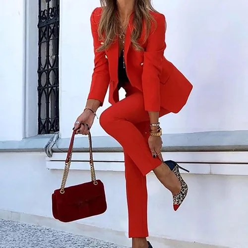 Vista 2 de Trajes de pantalones para mujer, 2 piezas, casual, talla grande, parte delantera abierta, conjunto de pantalón, traje de boda, graduación, trabajo