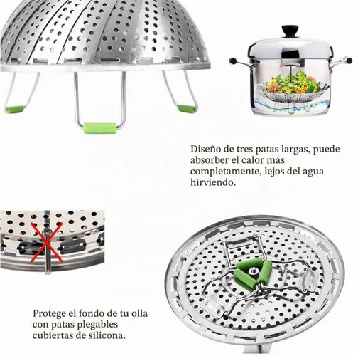 Vista 3 de Cesta de vapor, cesta de vapor vegetariana para cocinar de acero inoxidable plegable para verduras con mango central extraíble extensible extensible