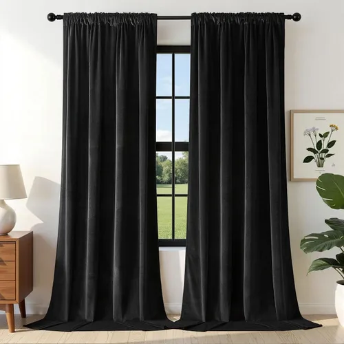 Vista 28 de Joydeco Cortinas de terciopelo negro de 63 pulgadas de largo, 2 paneles, cortinas opacas de lujo con bolsillo para barra, cortinas de ventana