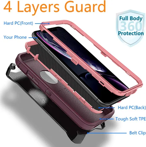 Vista 4 de YmhxcY Funda para iPhone XR, 3 capas de protección de cuerpo completo, a prueba de golpes, a prueba de caídas, resistente con clip para cinturón